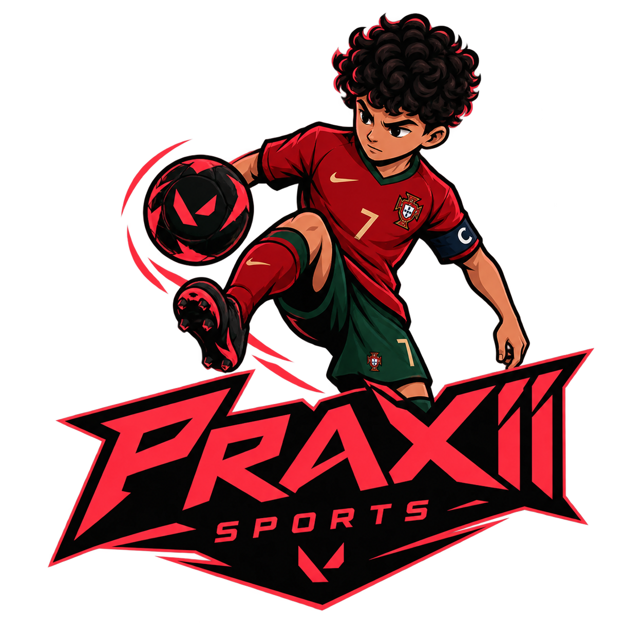 Mascotte Praxii Sports con pallone e logo rosso
